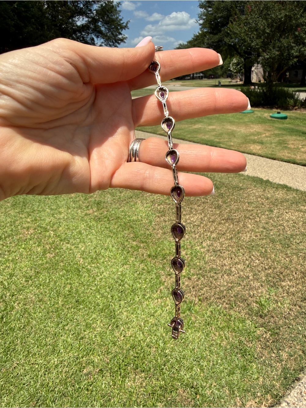 Sterling Silver Gold Overlay Natural Amethyst Teardrop Tennis Bracelet - Picture 8 of 8